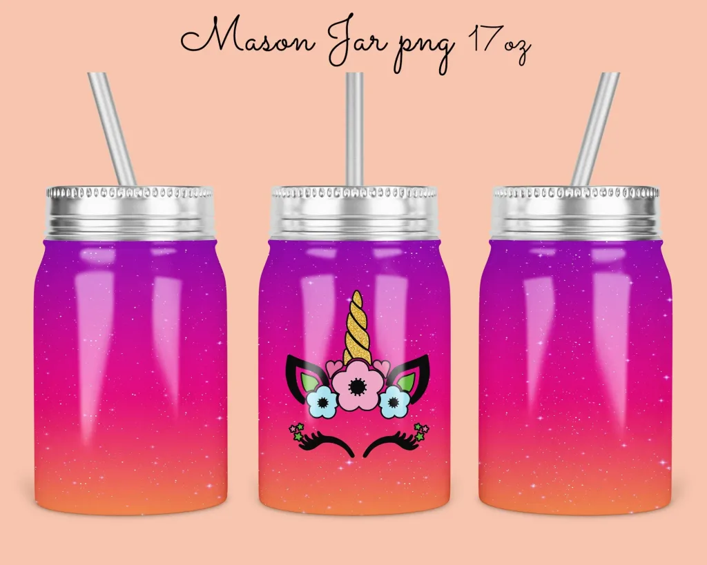 Free 17oz Mason Jar Tumbler Sublimation Design Template, Floral Unicorn Ombre glitter jar designs Digital Instant Download PNG
