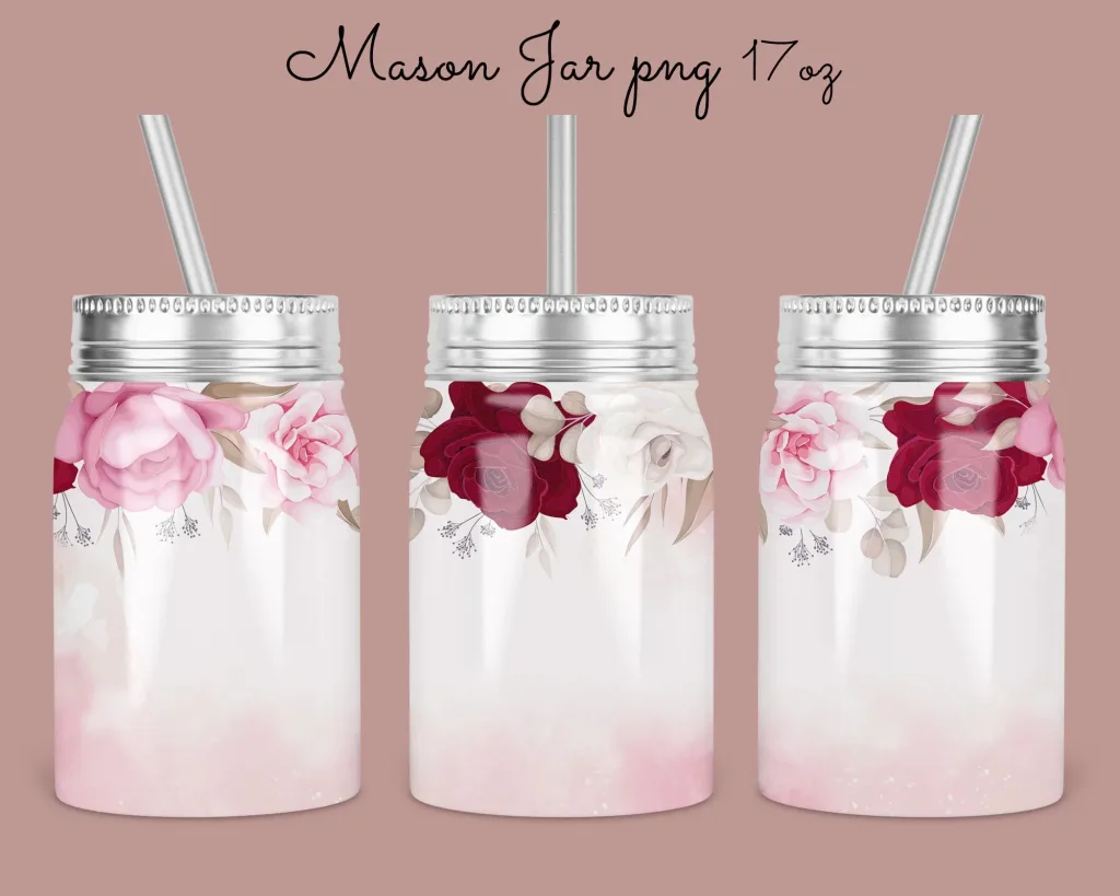 Free 17oz Mason Jar Tumbler Sublimation Design Template, white pink red rose floral seamless Jar Designs Sublimate Digital Download