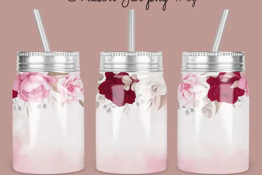 Free 17oz Mason Jar Tumbler Sublimation Design Template, white pink red rose floral seamless Jar Designs Sublimate Digital Download