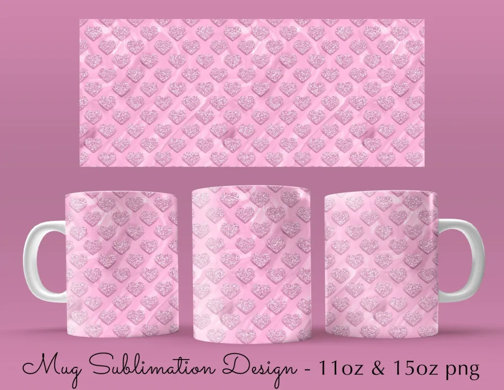 Free 11 & 15oz valentine pink glitter heart Coffee Mug Sublimation Template - Cricut Mug Press Sublimation Wrap - Mug PNG  valentines day wrap