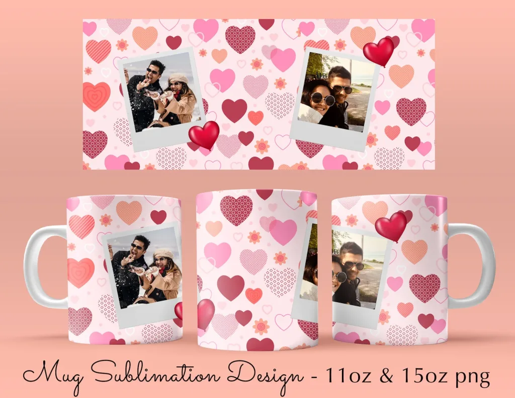 Free 11 & 15oz Valentines Hearts Polaroid Photo Coffee Mug Sublimation Template - Cricut Mug Press Sublimation Wrap - Mug PNG - 300 DPI
