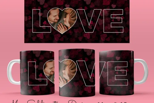 Free 11 & 15oz Valentines Hearts Polaroid Photo frame Coffee Mug Sublimation Template - Cricut Mug Press Sublimation Wrap - Love Mug PNG