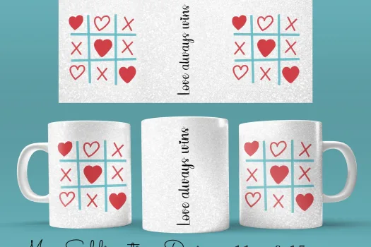 Free 11 & 15oz valentine tic tac toe - love always wins Coffee Mug Sublimation Template - Cricut Mug Press Wrap - Mug PNG  valentines day wrap