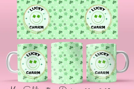 Free 11oz & 15oz Lucky charm floral smiley Mug Sublimation Image - Cricut Mug Press svg template best friend love mug cute png download