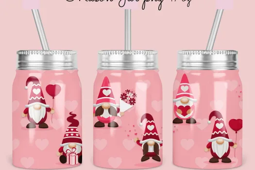 Free 17oz Mason Jar Valentine Tumbler Sublimation Design Template, gnomes love design, valentine's day jar Digital Instant Download PNG