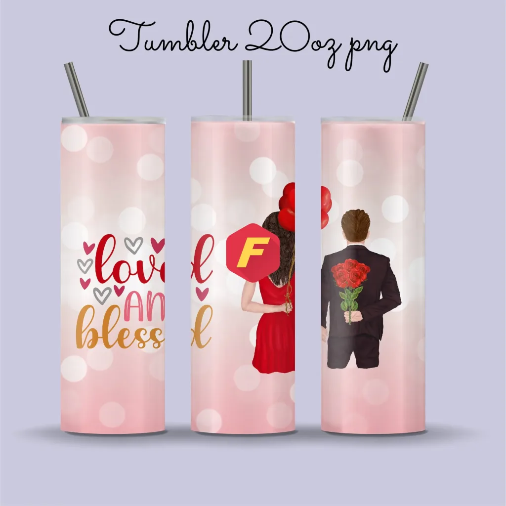 Free 20oz skinny valentine tumbler png | Seam less Sublimation Designs valentines blessed couple straight and tapered love tumbler full wrap