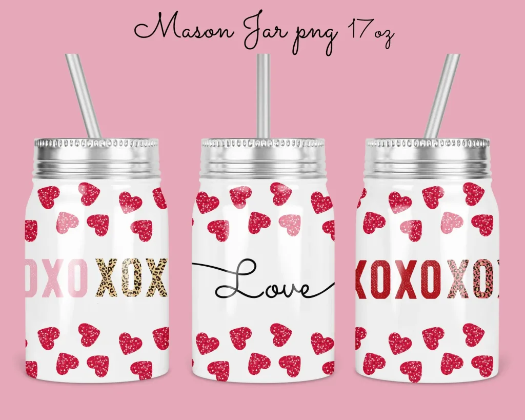 Free 17oz Mason Jar Valentine Tumbler Sublimation Design Template, xoxo love design, valentine's day mason jar Digital Instant Download PNG