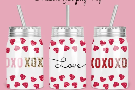 Free 17oz Mason Jar Valentine Tumbler Sublimation Design Template, xoxo love design, valentine's day mason jar Digital Instant Download PNG