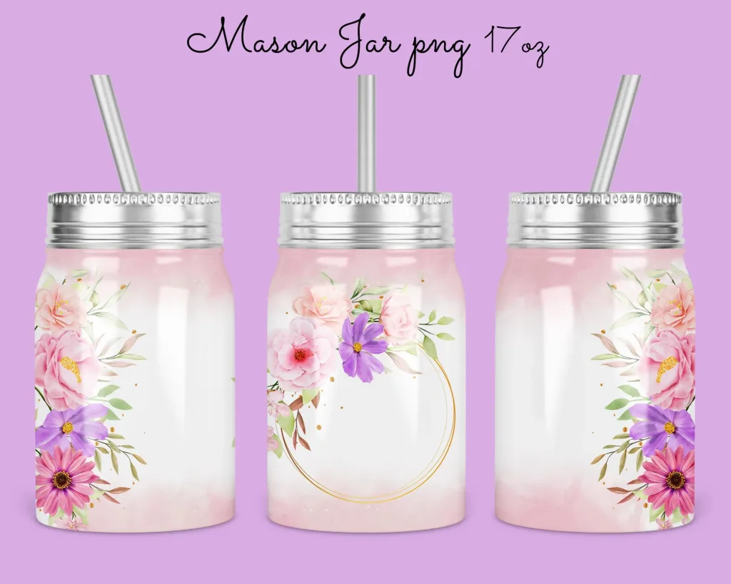 Free 17oz Mason Jar Tumbler Sublimation Design Template, beautiful floral border seamless Jar Design to Sublimate Digital Instant Download PNG