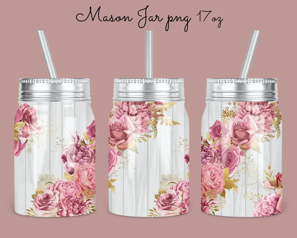 Free 17oz Mason Jar Tumbler Sublimation Design Template, wooden background rose gold pink floral seamless Jar Designs Sublimate Digital Download