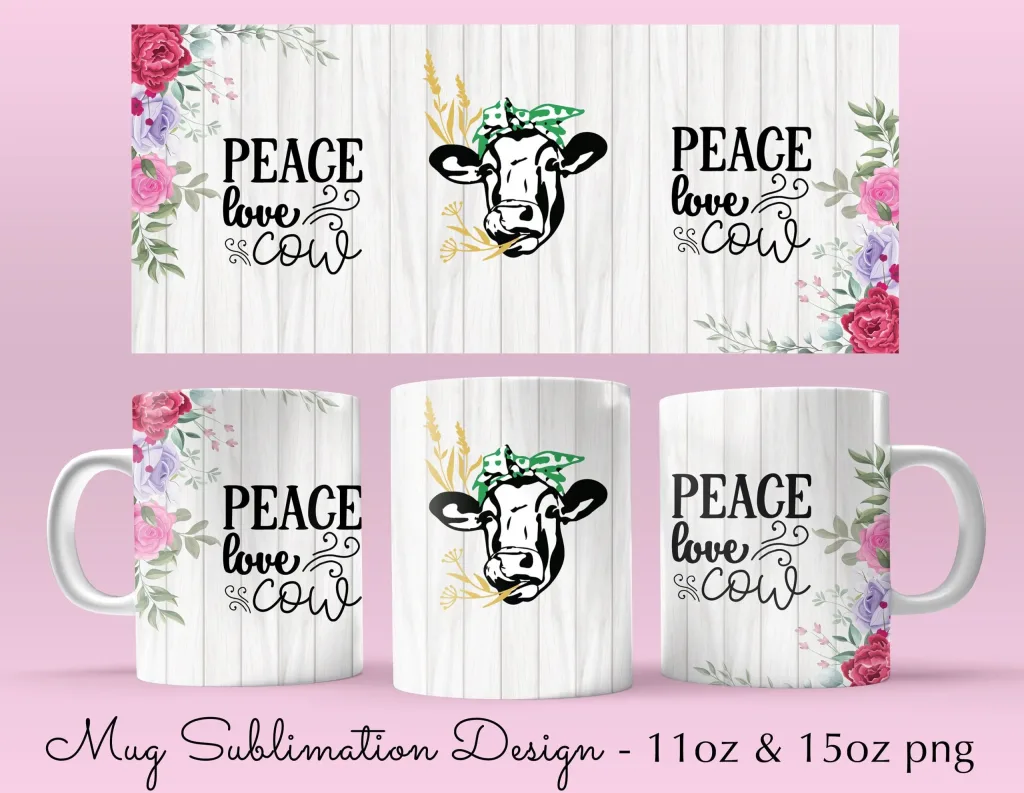Free 11oz & 15oz peace love cow Coffee Mug Sublimation image Template - Cricut Mug Press Wrap PNG - ready to print cow quote on mug design