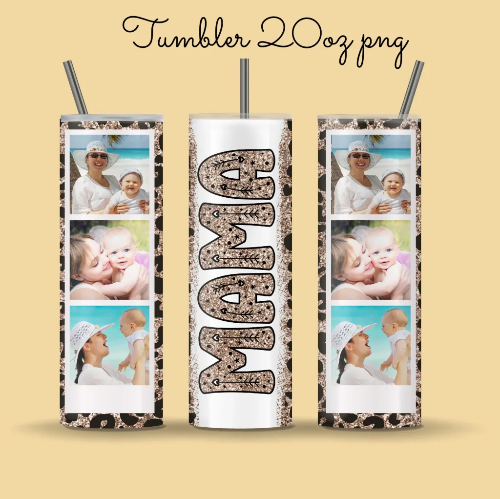 Free Mama Polaroid Photo Tumbler Template, Png Sublimation Photo Collage 20oz Skinny Tumbler Tapered, Straight Full Wrap Digital Download