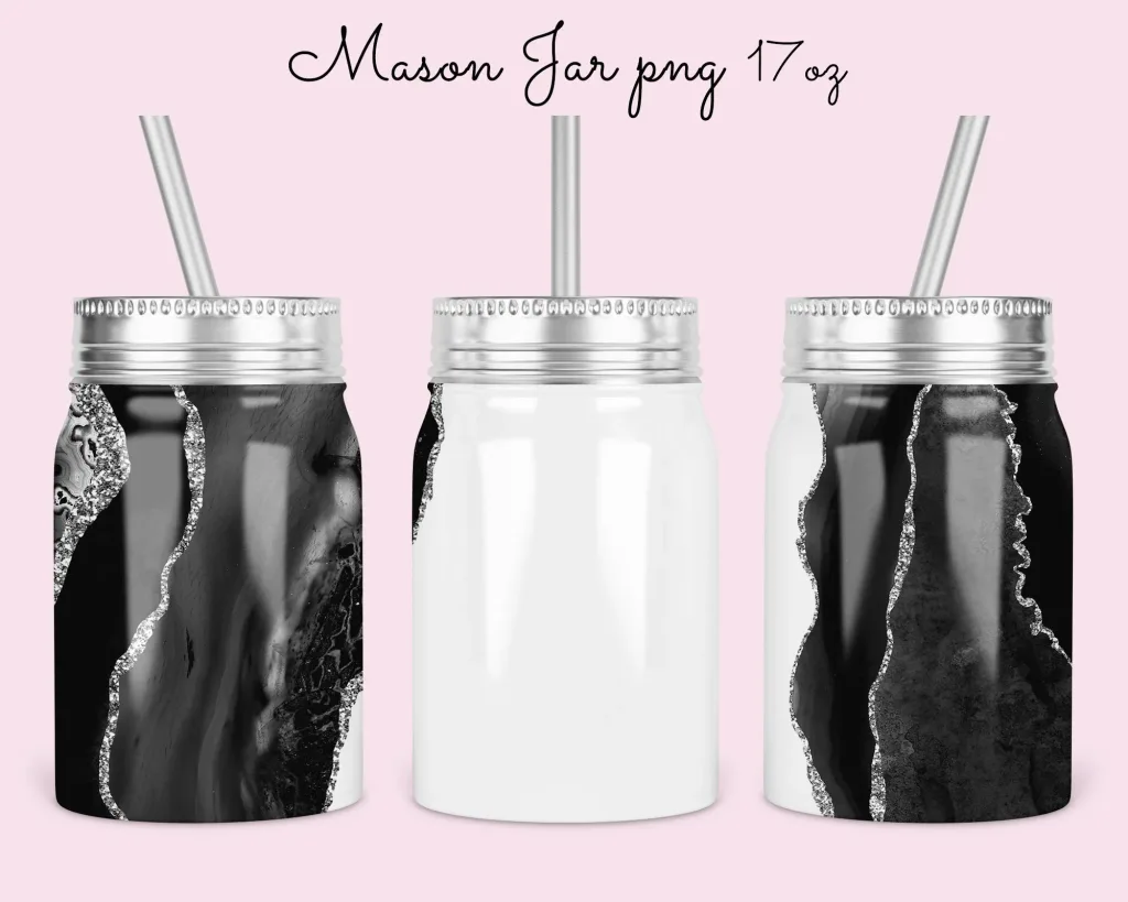 Free 17oz Mason Jar glitter Tumbler Sublimation Design Template, Black Agate beautiful glitter mason jar Digital Download | jar sublimate png