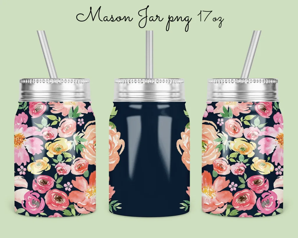 Free floral Mason Jar Tumbler Sublimation Design Template, Dark Blue background mason Jar 17oz  Design to Sublimate Digital Instant Download PNG