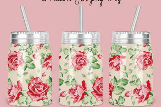 Free floral Mason Jar Tumbler Sublimation Design Template,  Red and beige flower mason Jar 17oz  Design to Sublimate Digital Instant Download PNG