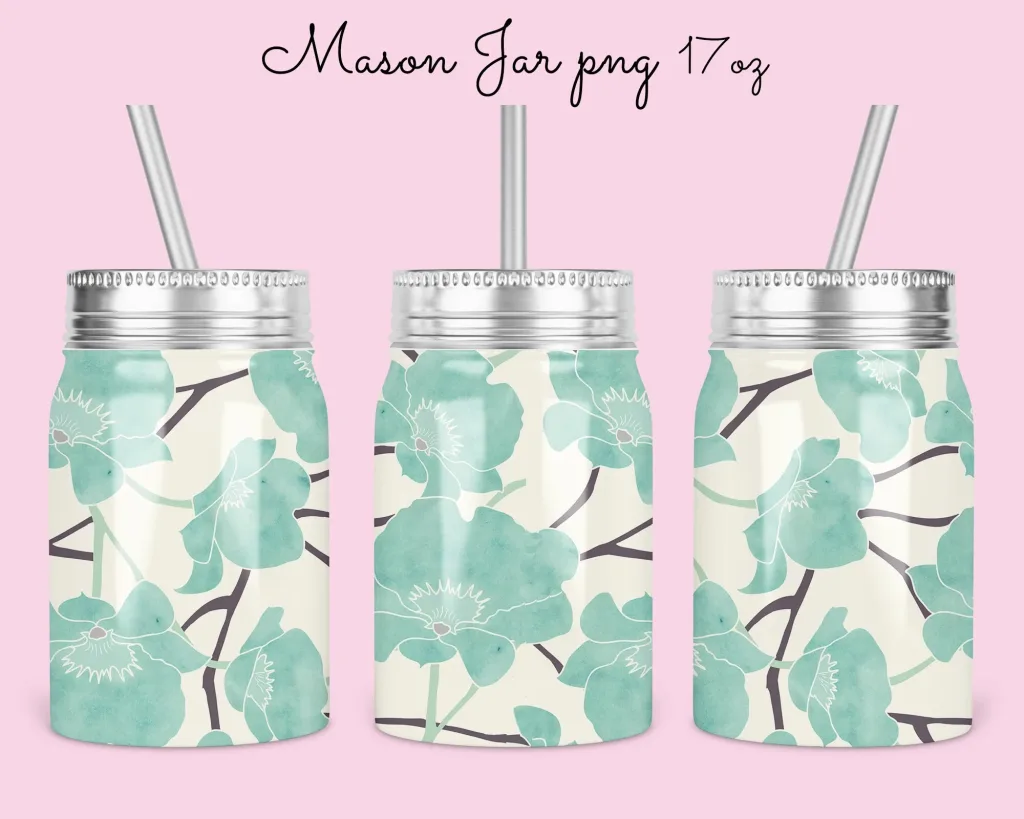 Free floral Mason Jar Tumbler Sublimation Design Template, Pastel Green Jar 17oz  Design to Sublimate Digital Instant Download PNG for mason jar