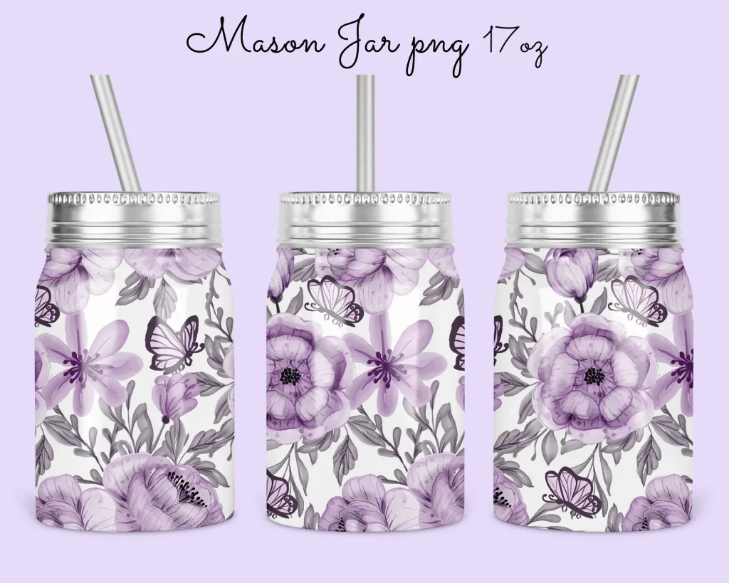 Free 17oz Mason Jar Tumbler Sublimation Design Template, butterfly floral mason Jar tumbler Design to Sublimate Digital Instant Download PNG