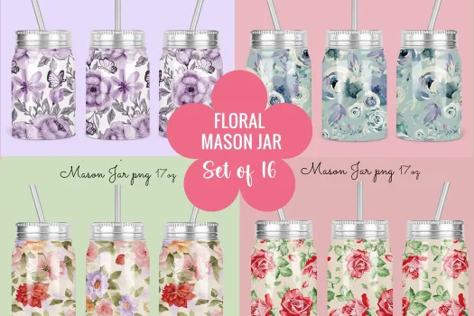 Free 16 Best Floral 17oz Mason Jar Tumbler Sublimation Design Template Bundle Digital Download PNG | 16 designs at 0.28 USD / Design, Jar Bundle