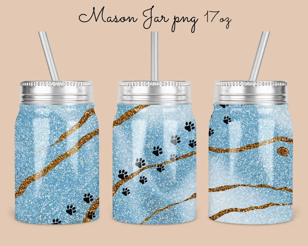 Free 17oz Mason Jar Blue agate paw Tumbler Sublimation Design Template, beautiful glitter mason jar instant Digital Download | jar sublimate png