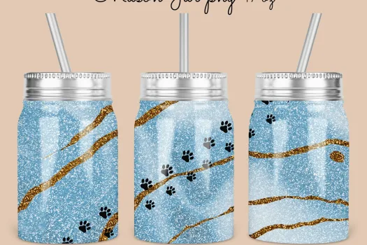 Free 17oz Mason Jar Blue agate paw Tumbler Sublimation Design Template, beautiful glitter mason jar instant Digital Download | jar sublimate png