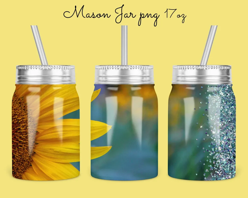 Free 17oz Mason Jar Tumbler Sublimation Design Template, sun flower glitter seamless Jar Designs | Jar Sublimate Digital Download floral jar png