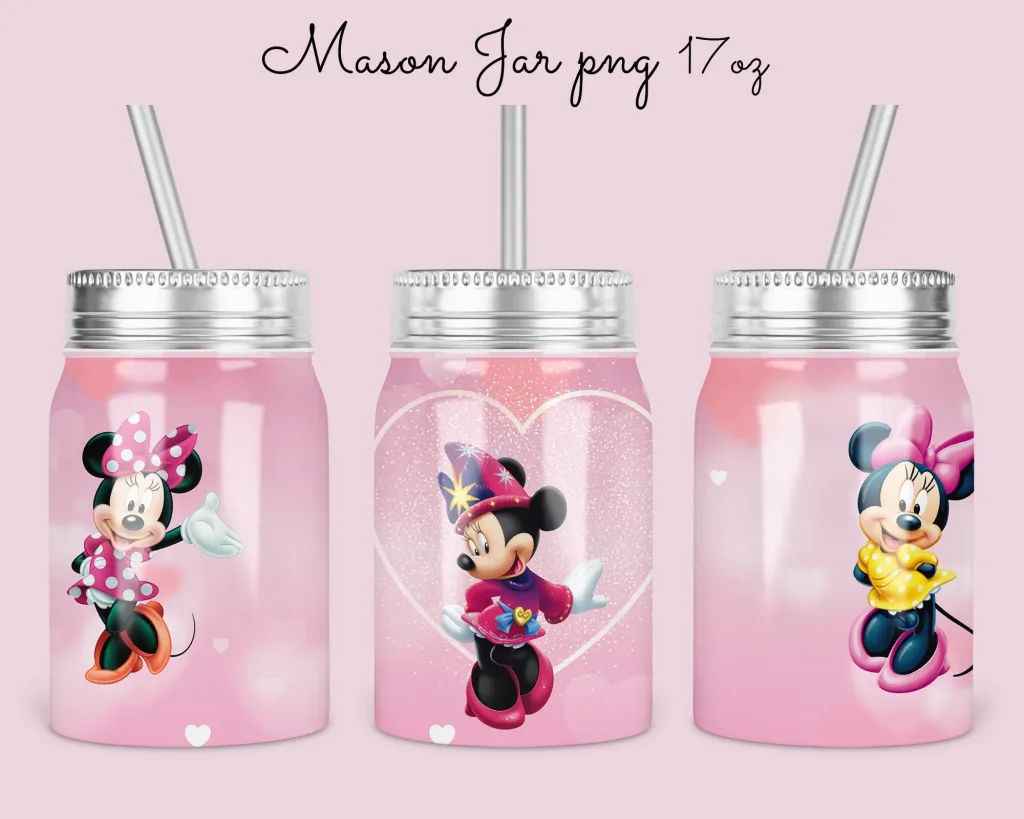 Free 17oz Mason Jar Valentine Tumbler Sublimation Design Template | minnie love design - pink glitter jar Digital Download jar sublimate PNG 2022