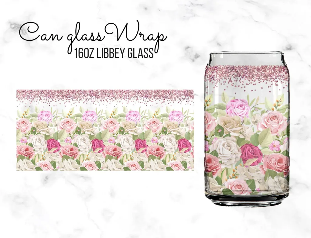 Free Rose gold Floral glitter 16oz Libby Glass can Sublimation Design Template, SVG DIY for Silhouette Cameo & Cricut | 16oz Glass Can Cutfile