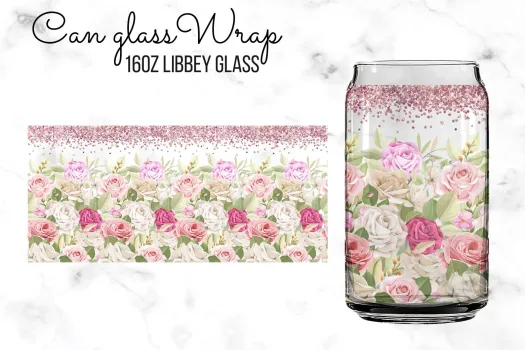 Free Rose gold Floral glitter 16oz Libby Glass can Sublimation Design Template, SVG DIY for Silhouette Cameo & Cricut | 16oz Glass Can Cutfile
