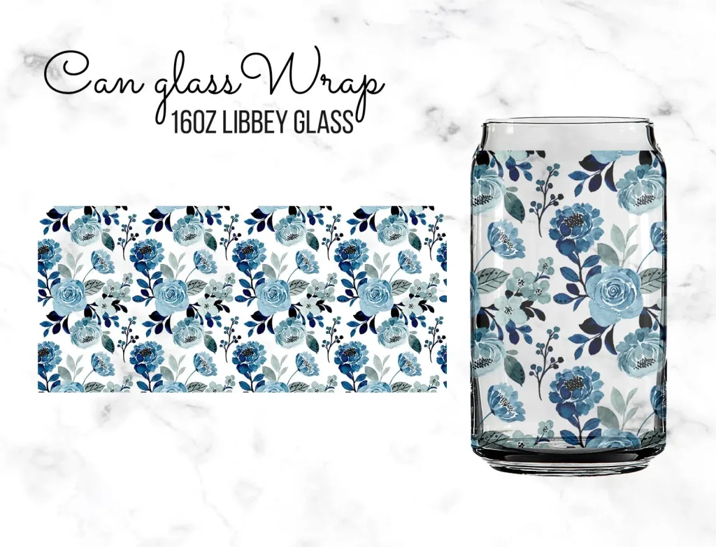 Free Blue Floral glitter 16oz Libbey Glass can Sublimation Design Template, SVG DIY for Silhouette Cameo & Cricut | 16oz Glass Can Cutfile