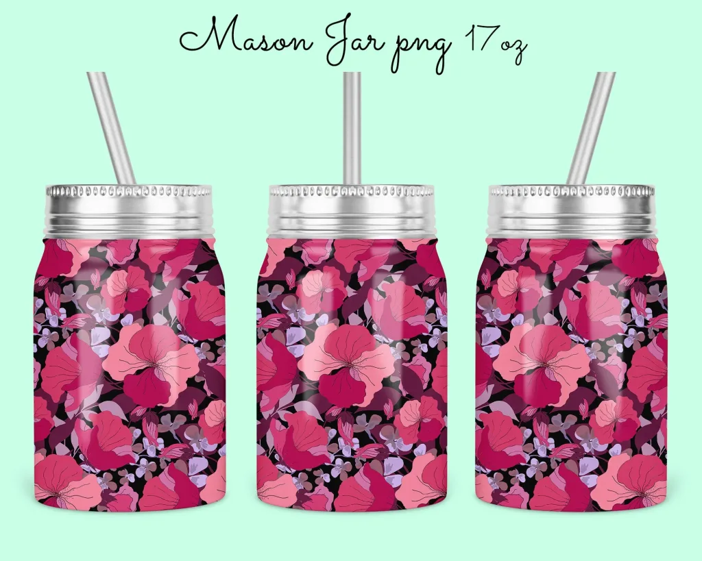 Free 17oz floral Mason Jar Tumbler Sublimation Design Template, Orange Floral mason Jar wrap Design to Sublimate Digital Instant Download PNG