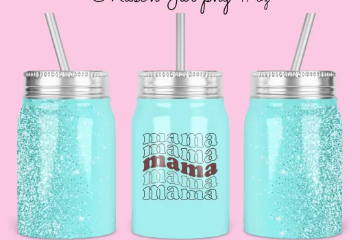 Free mama glitter teal color Mason Jar Tumbler Sublimation Design Template, 17oz glitter Jar Designs | cricut ready jar design download