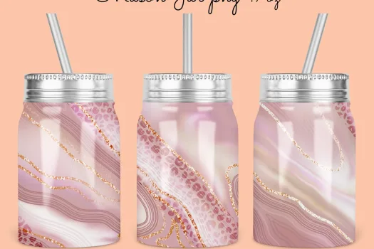 Free Pink Agate 17oz Mason Jar glitter Tumbler Sublimation Design Template, Anime beautiful mason jar designs Download | jar sublimate png