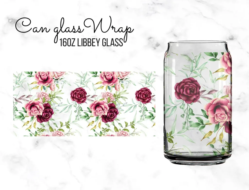 Free Red Pink Floral 16oz Libby Glass can Sublimation Design Template, PNG DIY for Silhouette Cameo & Cricut | 16oz floral Glass Can Cutfile