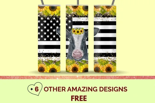 Free Sunflower Cow 20oz skinny tumbler sublimation image | full tumbler wrap Sublimation Designs - floral cow tumbler png instant download