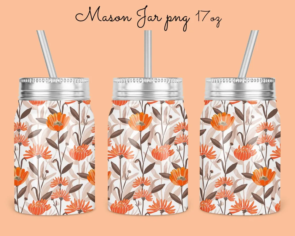 Free 17oz floral Mason Jar Tumbler Sublimation Design Template, Orange Floral mason Jar Design to Sublimate Digital Instant Download PNG
