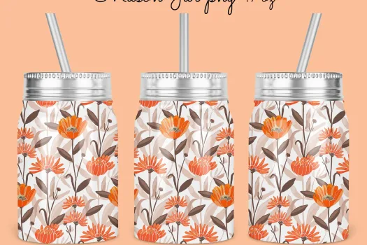 Free 17oz floral Mason Jar Tumbler Sublimation Design Template, Orange Floral mason Jar Design to Sublimate Digital Instant Download PNG