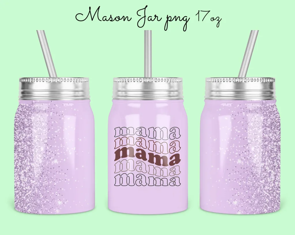Free mama glitter lilac color Mason Jar Tumbler Sublimation Design Template, 17oz glitter Jar Designs | cricut ready jar design download mama jar