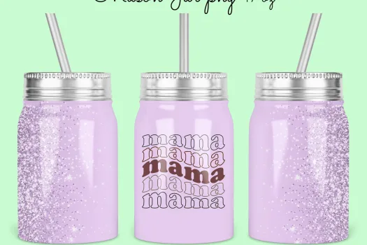 Free mama glitter lilac color Mason Jar Tumbler Sublimation Design Template, 17oz glitter Jar Designs | cricut ready jar design download mama jar