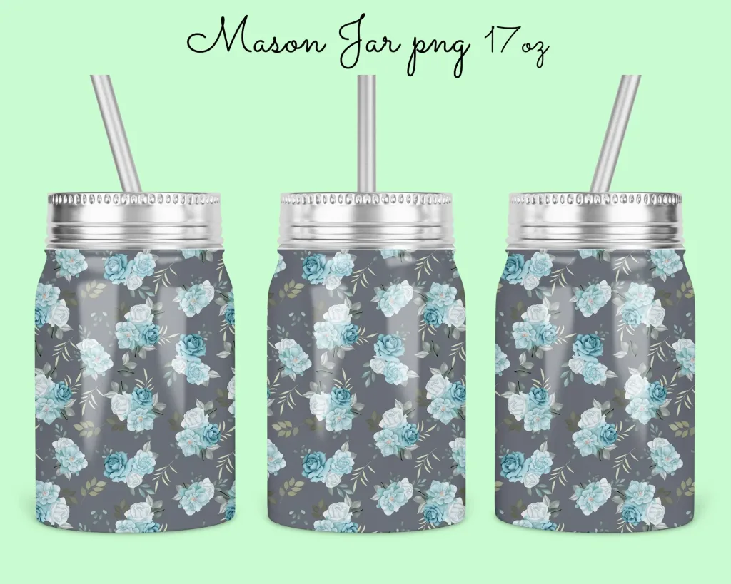 Free 17oz floral Mason Jar Tumbler Sublimation Design Template, Blue Grey Floral mason Jar wrap Design to Sublimate Digital Instant Download PNG