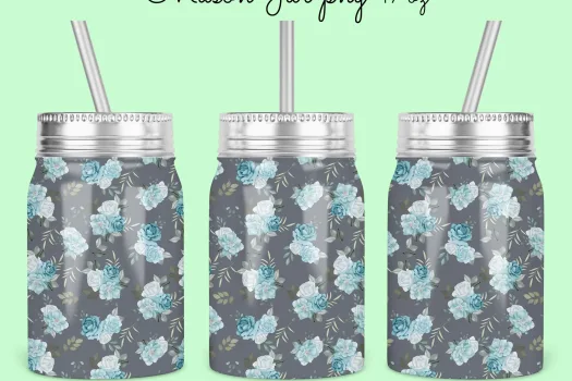 Free 17oz floral Mason Jar Tumbler Sublimation Design Template, Blue Grey Floral mason Jar wrap Design to Sublimate Digital Instant Download PNG