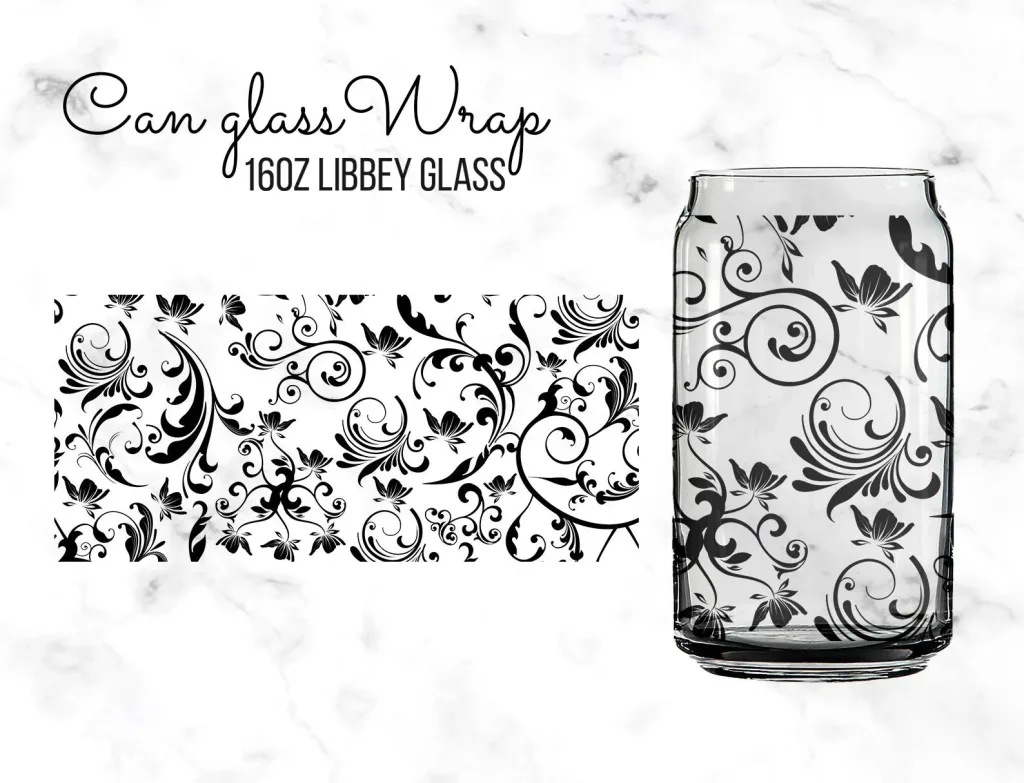 Free black floral 16oz Libbey Glass can Sublimation Design Template, PNG DIY for Silhouette Cameo & Cricut | 16oz Glass Can Cutfile libbey can