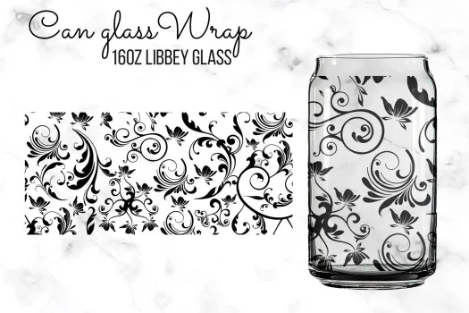 Free black floral 16oz Libbey Glass can Sublimation Design Template, PNG DIY for Silhouette Cameo & Cricut | 16oz Glass Can Cutfile libbey can