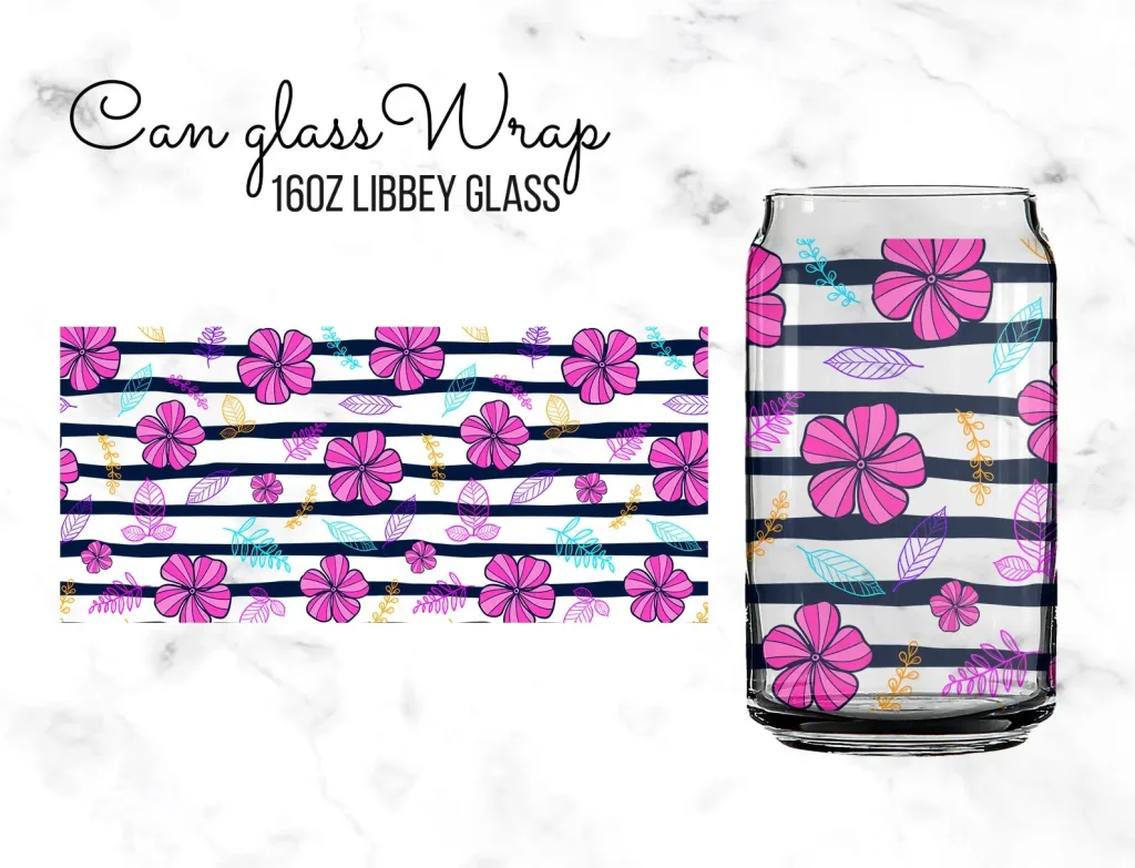 Free Pink Floral 16oz Libbey Glass can Sublimation Design Template, PNG DIY for Silhouette Cameo & Cricut | 16oz Glass Can png file download