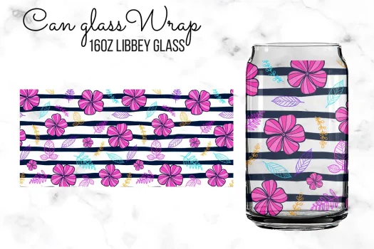 Free Pink Floral 16oz Libbey Glass can Sublimation Design Template, PNG DIY for Silhouette Cameo & Cricut | 16oz Glass Can png file download