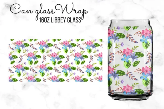 Free Pink Blue Purple Floral glitter 16oz Libbey Glass can Sublimation Design Template, SVG DIY for Silhouette Cameo & Cricut | 16oz Can Cutfile