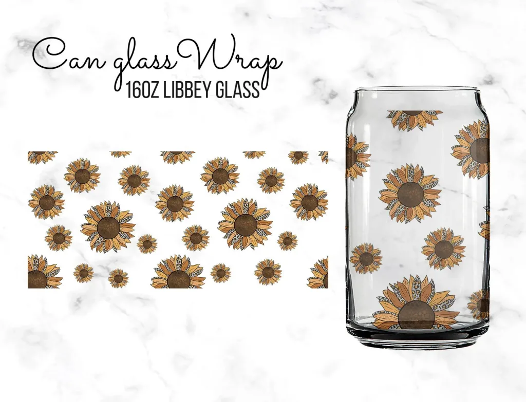 Free Sunflower Anime 16oz Libbey Glass can Sublimation Design Template, SVG DIY for Silhouette Cameo & Cricut | leopard floral 16oz Can Cutfile