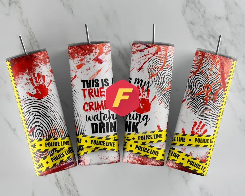 Free This is my true crime watching drink 20oz skinny Tumbler Wrap Sublimation Designs yellow tape Halloween Blood PNG Designs Downloads